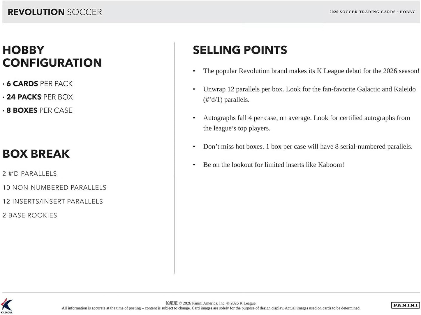 2026 Panini Revolution K League Soccer Hobby Trading Card Box (2 Numbered Parallels Per Box)