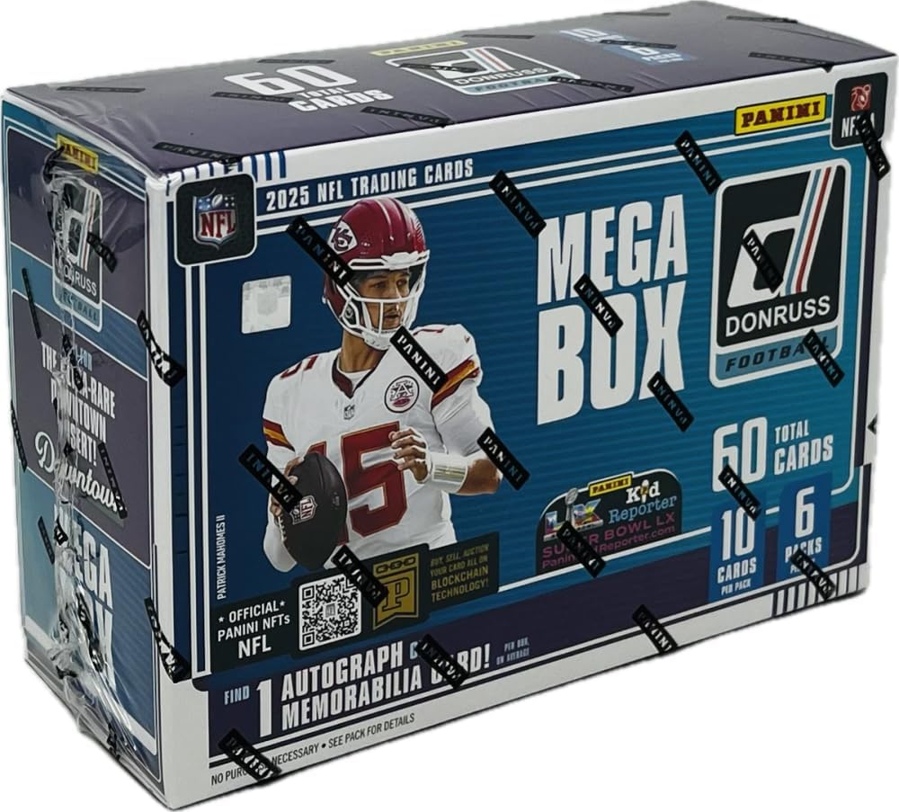 Panini 2025 Donruss Football Mega Trading Card Box (1 Memorabilia or Autograph Per Box)(Optic Rated Blue Scope Parallels)
