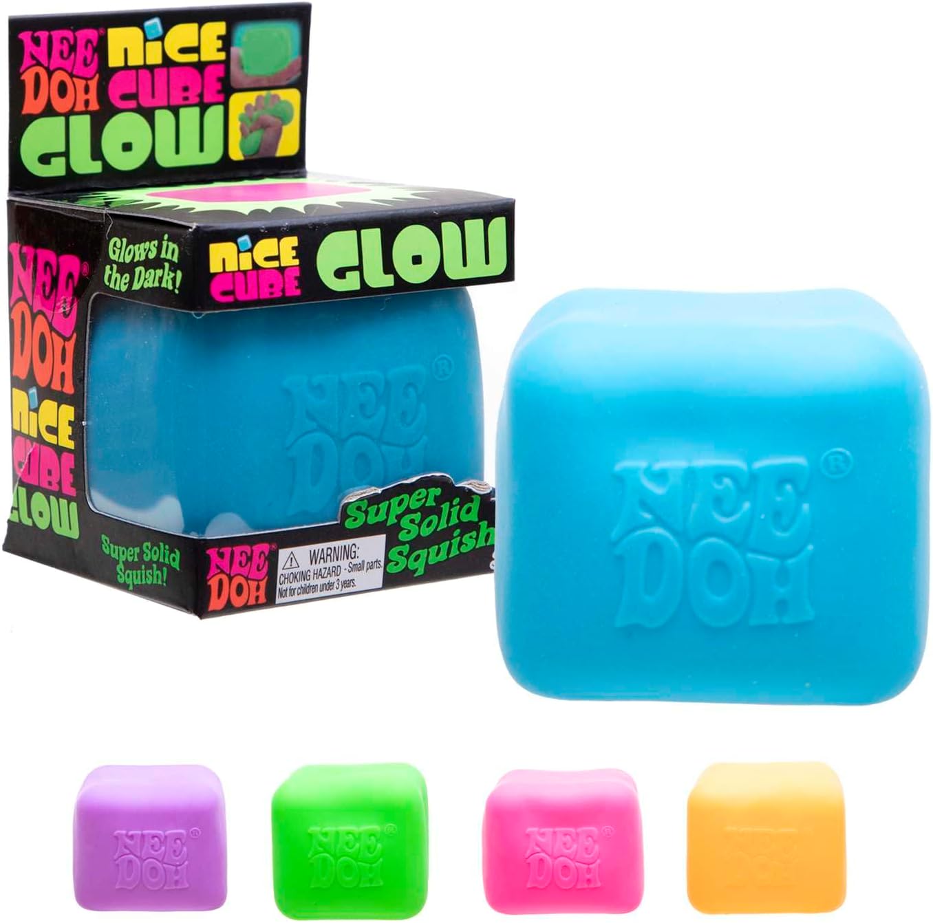 Schylling NeeDoh Nice Cube Glow - Squeeze Toy with a Super Solid Squish - Glows in The Dark - 2.25" Cube - Color May Vary