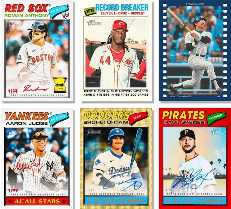 2026 Topps Heritage Baseball Series 64 Card Value Box Featuring Blaster Exclusive Dark Green and Pink Sparkle Parallel Cards Plus a Chance for Relics and Autographs