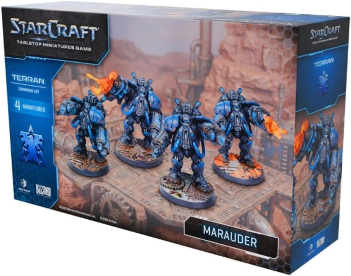 StarCraft: Tabletop Miniatures Game – Terran Marauder Expansion Set – 4 Unpainted Plastic Miniatures, 50mm Bases and 3 Game Cards – Archon Studio