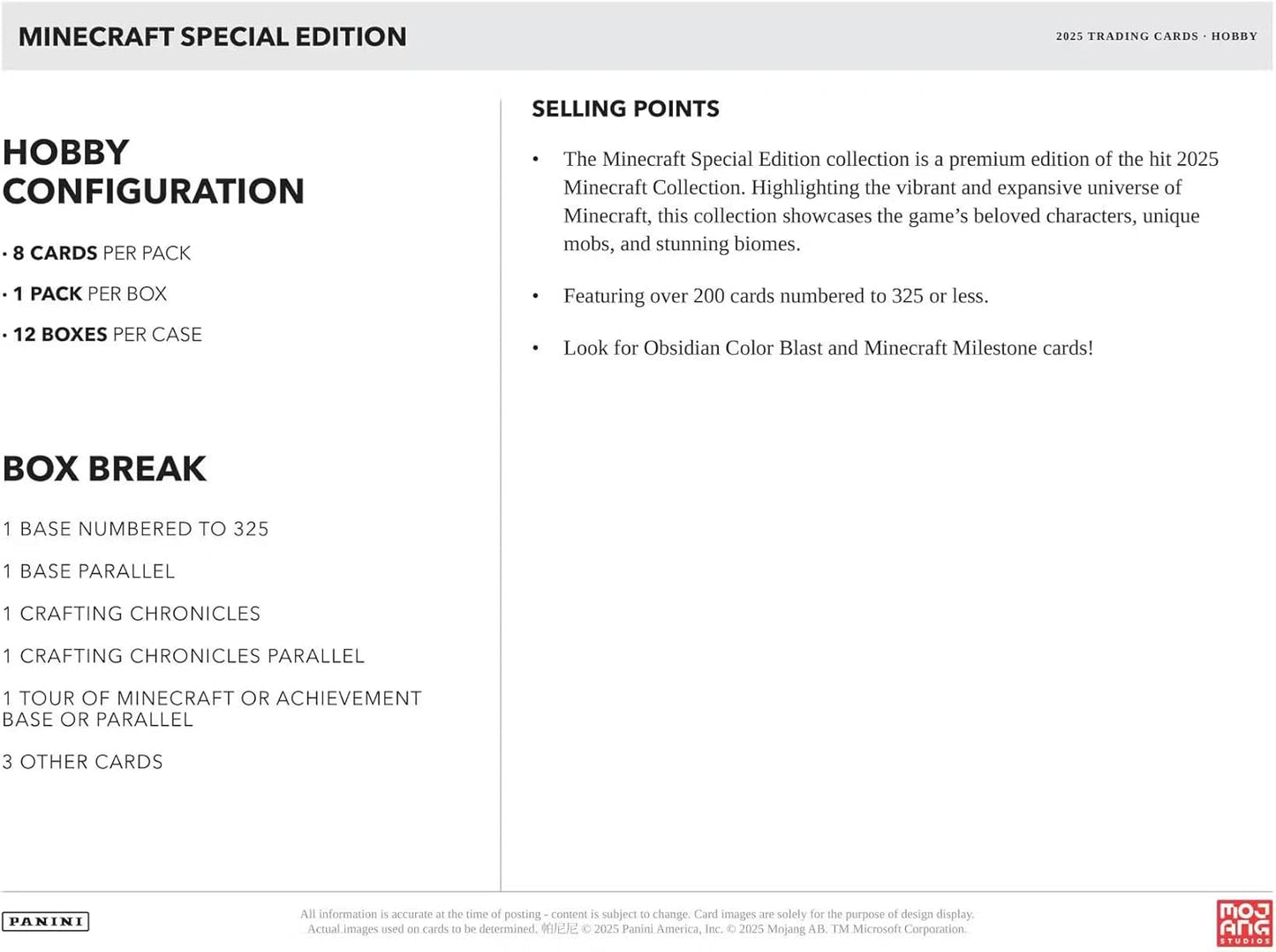 Panini 2025 Minecraft Special Edition Hobby Trading Card Box (1 Base Numbered to 325 Per Box)