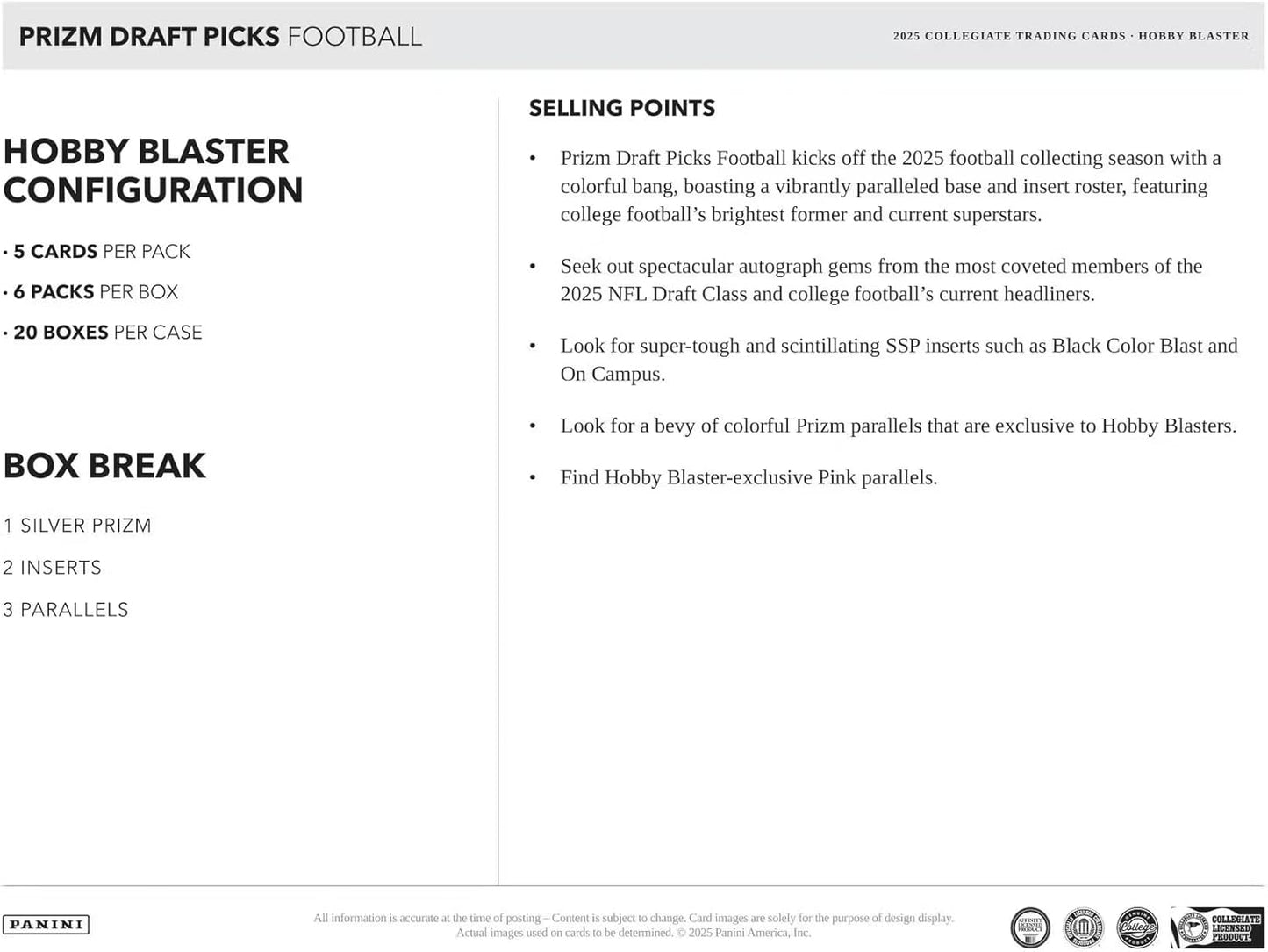 2025 Panini Prizm Draft Picks Football 6-Pack Hobby Blaster Trading Card Box (1 Silver Prizm Per Box)