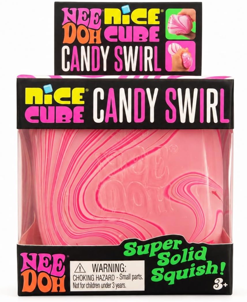Schylling Candy Swirl Nice Cube - Sensory Squeeze Toy with Super Solid Squish - 2.25" Cube - Pink and White