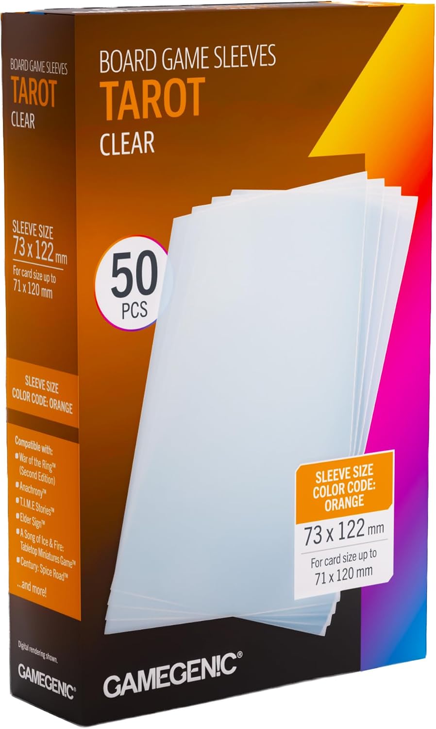 Gamegenic Prime Board Game Sleeves, Pack of 90 Extra-Clear Sleeves, 72 by 122 mm Card Sleeves Optimized for Use with Tarot Cards, Premium Card Protection, FFG Orange Color Code