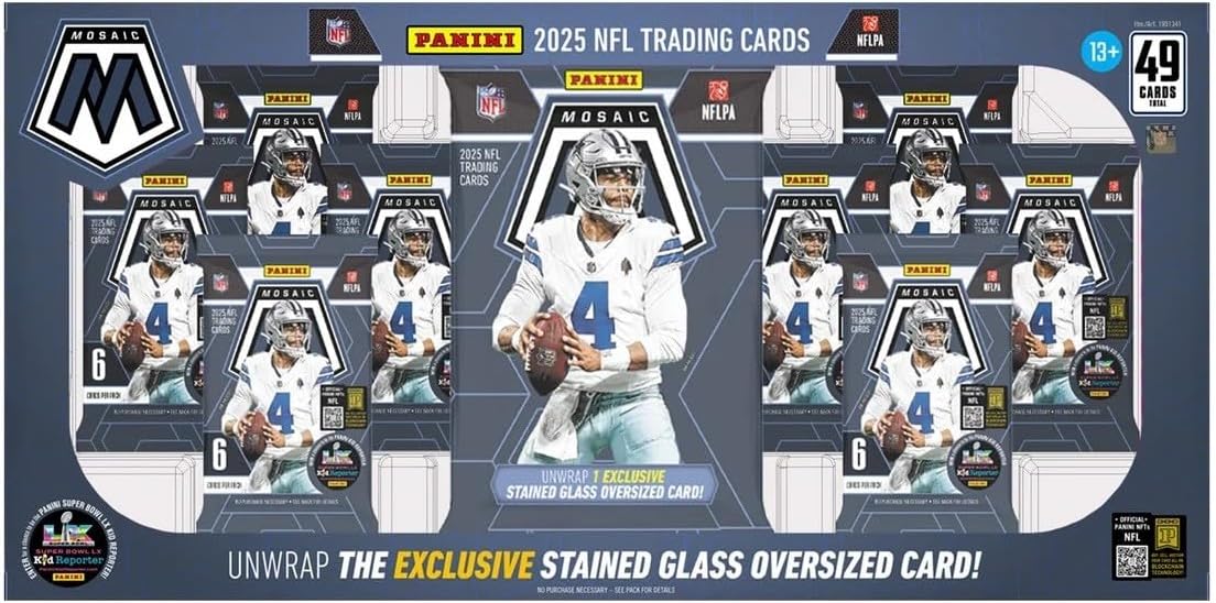 2025 Panini Mosaic Football Flagship Collection Trading Card Box (1 Stained Glass Oversized Card Per Box)