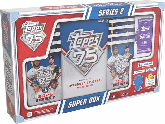 2026 Topps Series 2 Baseball Super Trading Card Box (1 Exclusive Oversized Card + 5 Card Silver Foilbord Pack & 1 Bitty Pop Per Box)