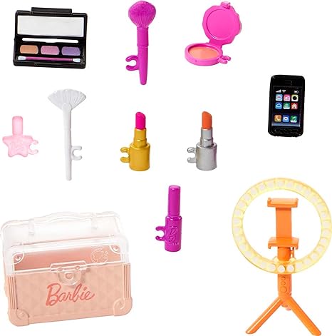 Barbie Makeup Tutorial Accessories Set with 12 Storytelling Toy Pieces Including Mini Case, Lipsticks, Ring Light & More