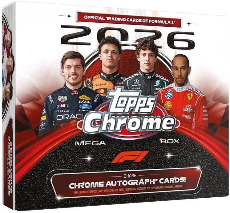 2026 Topps Chrome Formula 1 F1 Trading Card Mega Box - 6 Packs, 7 Cards per Pack, Exclusive Inserts