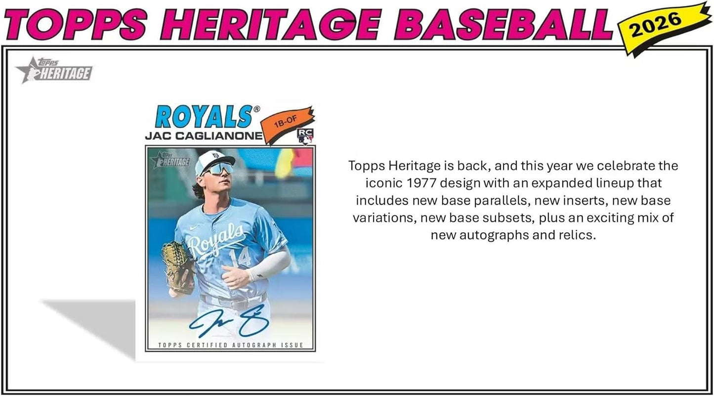 2026 Topps Heritage Baseball Series 64 Card Value Box Featuring Blaster Exclusive Dark Green and Pink Sparkle Parallel Cards Plus a Chance for Relics and Autographs