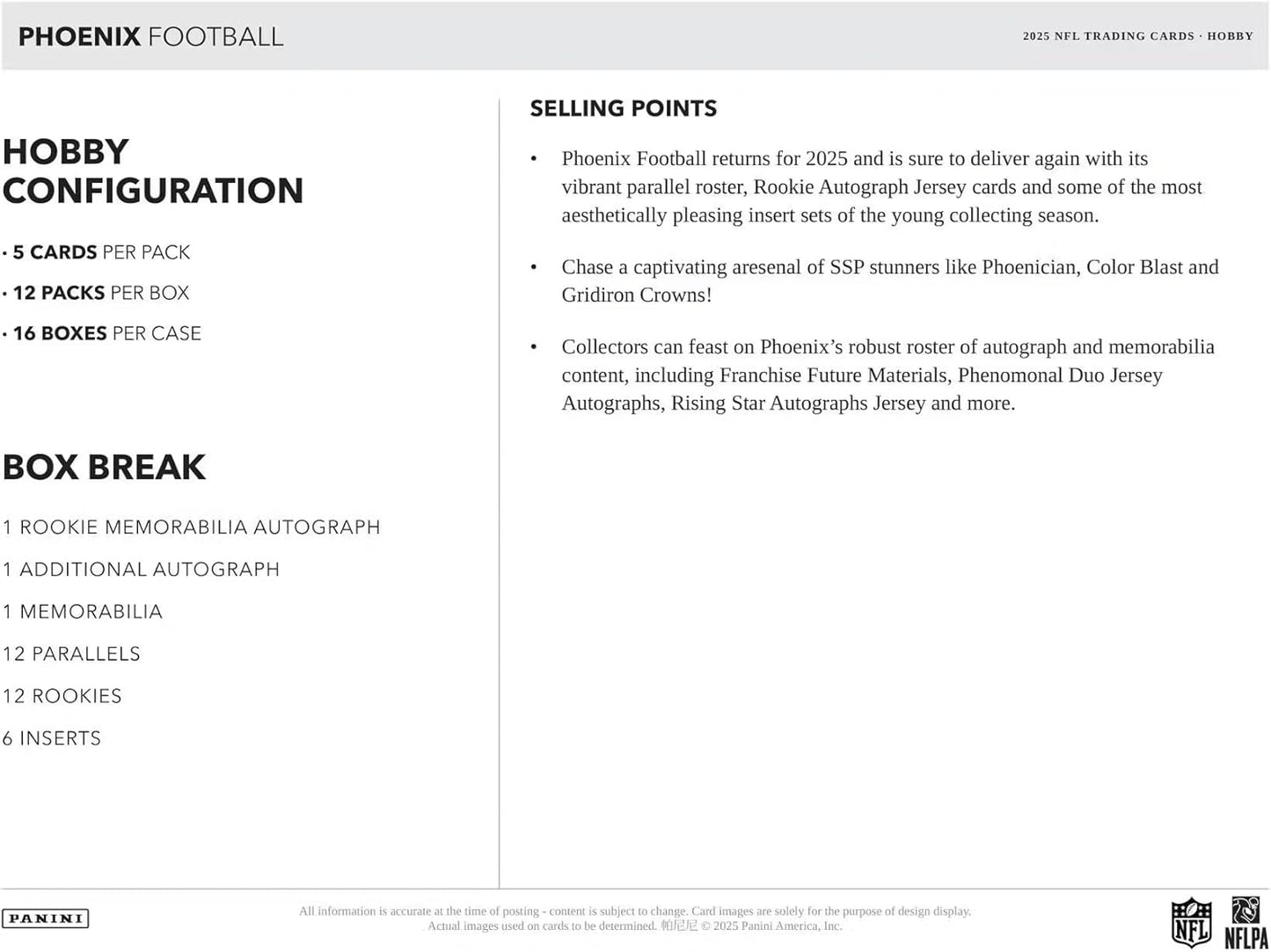 Panini 2025 Phoenix Football Hobby Trading Card Box (2 Autographs Per Box Including 1 Rookie Patch Autograph)
