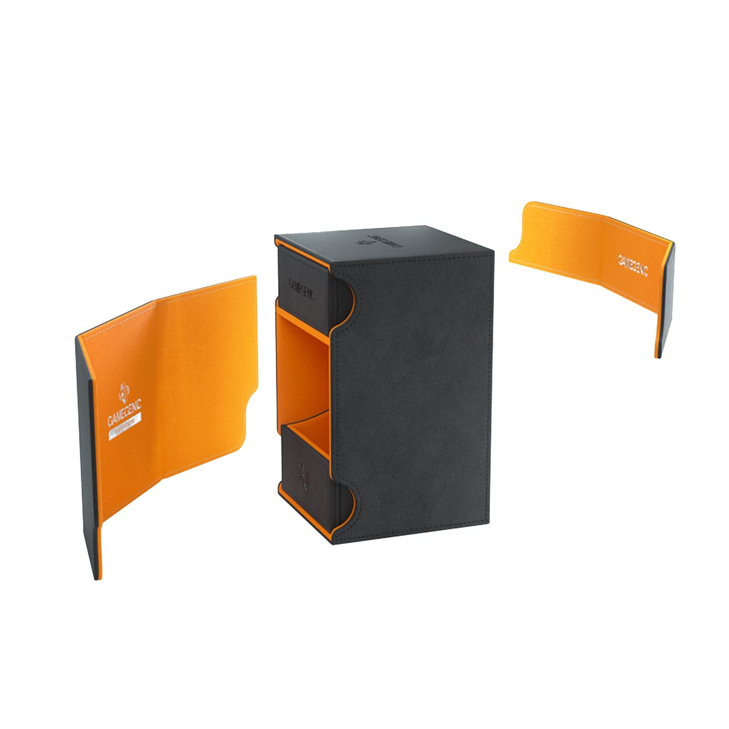 Gamegenic Watchtower 100+ XL Convertible Deck Box | Double-Sleeved Card Storage | Card Game Protector | Nexofyber Surface | Holds up to 100 Cards | Black and Orange Color | Made by Gamegenic