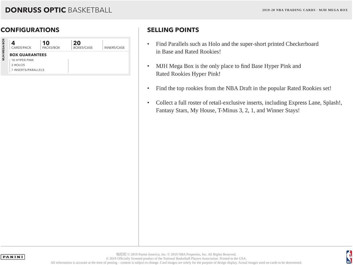 2019-20 Panini Donruss Optic MEGA Basketball Card Box - With 10 Hyper Pink Prizms - Look for Valuable Zion Williamson Holo Rookie Cards! 42 Cards Per Box.