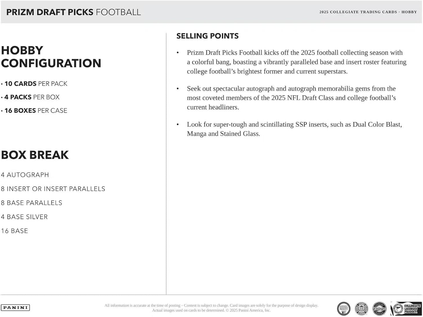 Panini 2025 Prizm Draft Picks Football Hobby Trading Card Box (Four Autographs Per Box!)