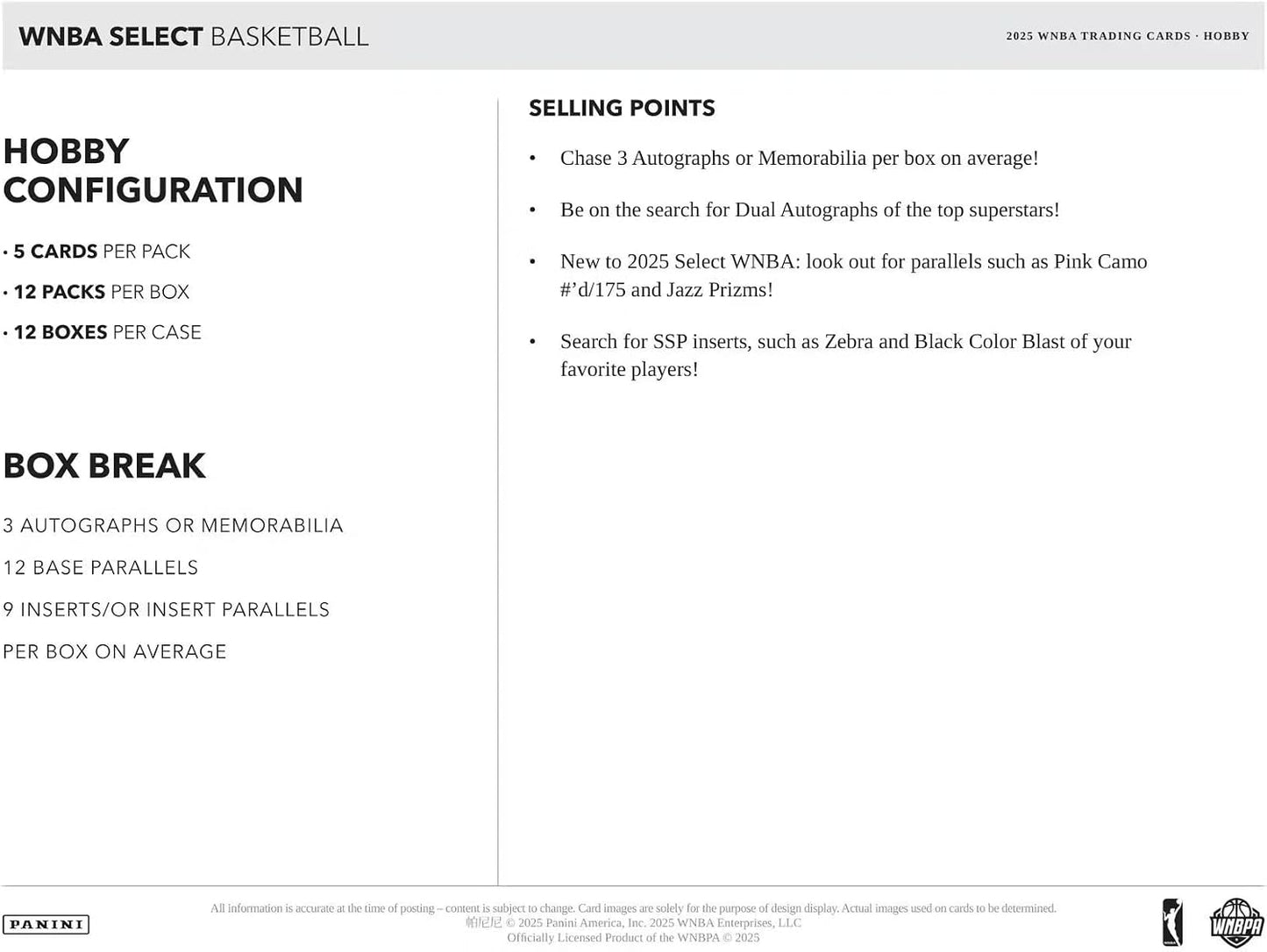 2025 Panini Select WNBA Basketball Hobby Trading Card Box (3 Autographs or Memorabilia Cards Per Box)