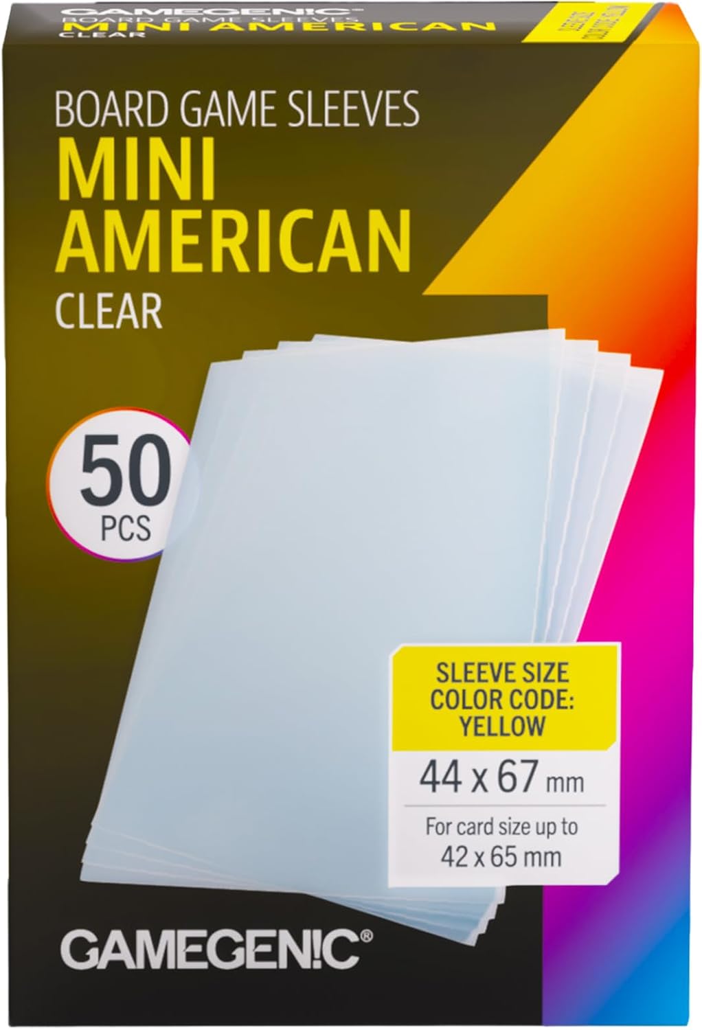 Gamegenic Prime Board Game Sleeves, Pack of 50 Extra-Clear Sleeves, 44 by 67 mm Card Sleeves Optimized for Mini American Card Games, Premium Card Protection, FFG Yellow Color Code