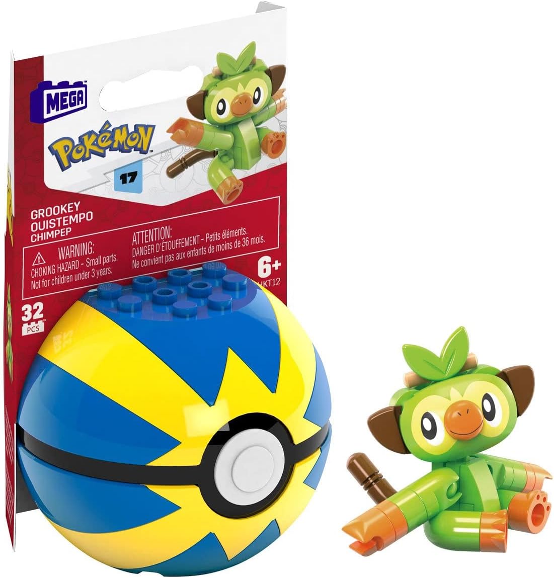 MEGA Pokemon Building Toy Kit Grookey (32 Pieces) with 1 Action Figure and Ball for Kids