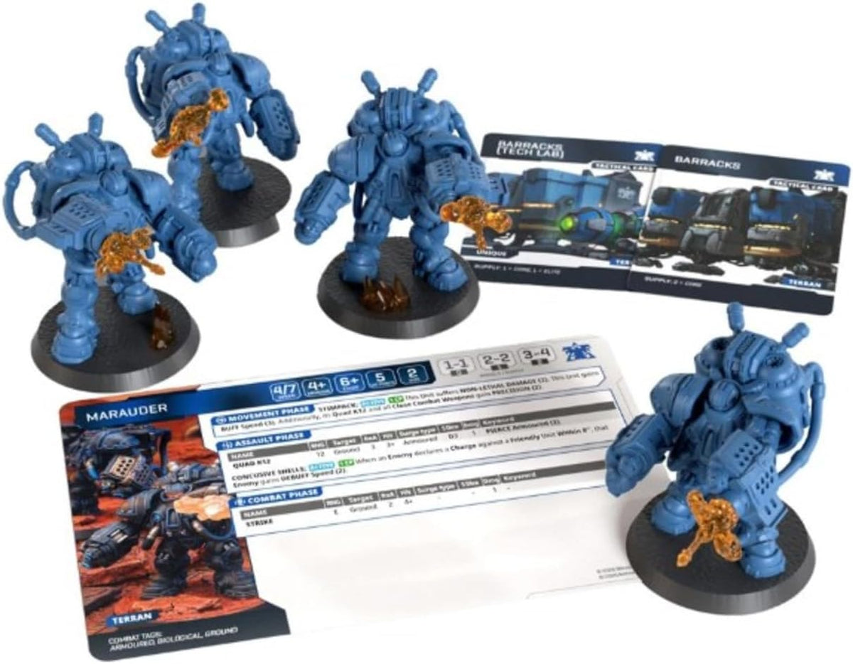StarCraft: Tabletop Miniatures Game – Terran Marauder Expansion Set – 4 Unpainted Plastic Miniatures, 50mm Bases and 3 Game Cards – Archon Studio