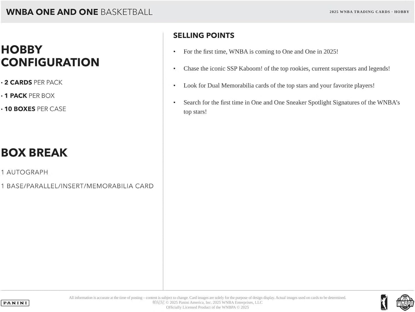 2025 Panini One and One WNBA Basketball Hobby Trading Card Box (1 Autograph Card Per Box)