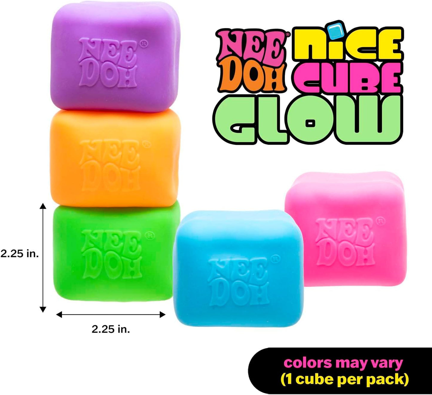 Schylling NeeDoh Nice Cube Glow - Squeeze Toy with a Super Solid Squish - Glows in The Dark - 2.25" Cube - Color May Vary
