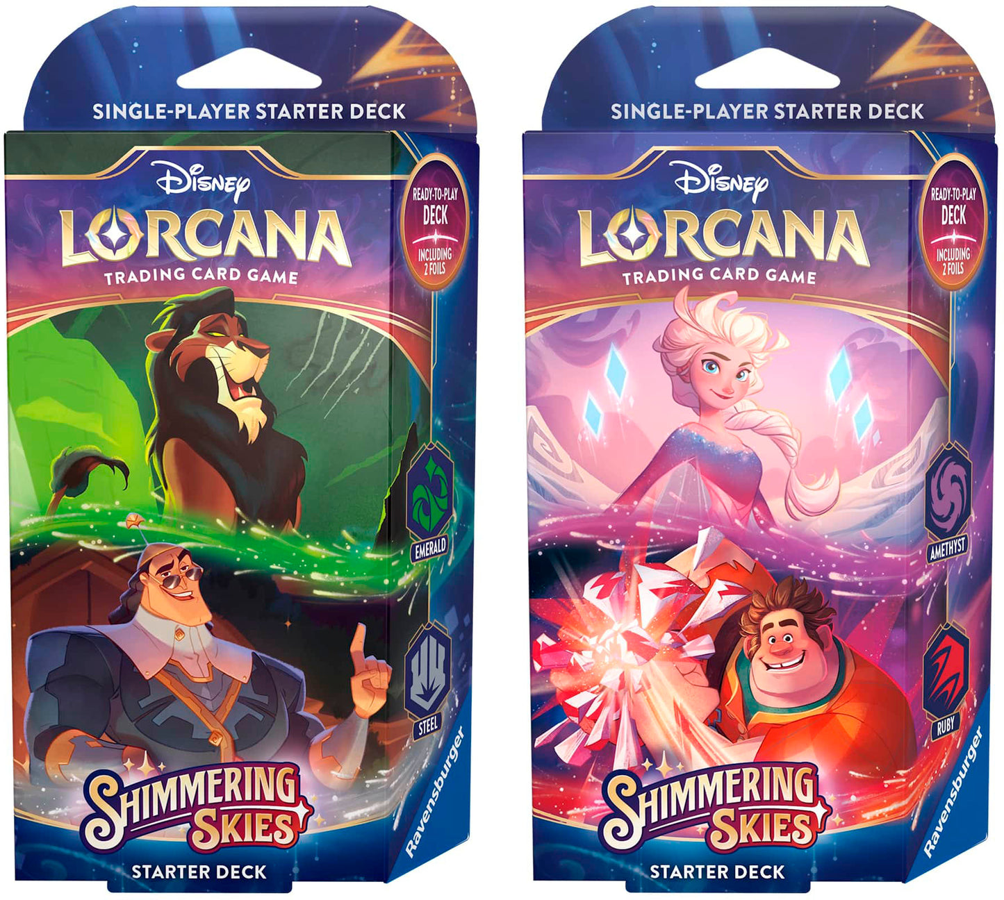 Lorcana TCG: Shimmering Skies: Starter Decks: BOTH Emerald & Steel (Scar & Cronk) AND Amethyst & Ruby (Elsa & Wreck-It Ralph) (2 DECKS)