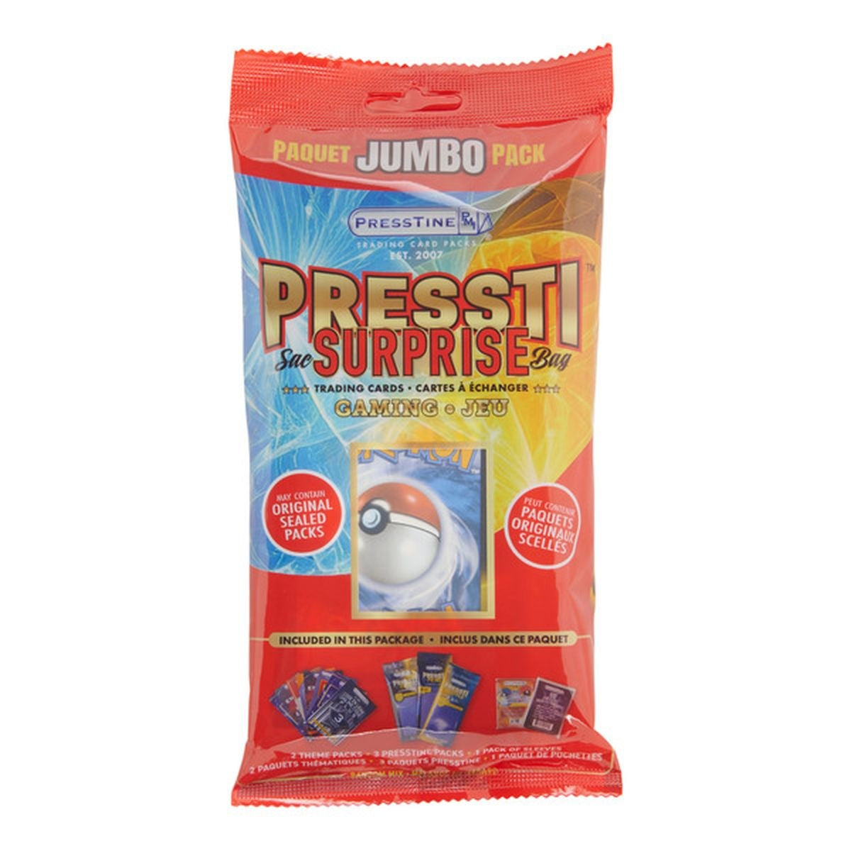 Presstine Pokémon Jumbo Surprise Bag – 2 Theme Packs, 3 Presstine Card Packs & Card Protector Sleeves