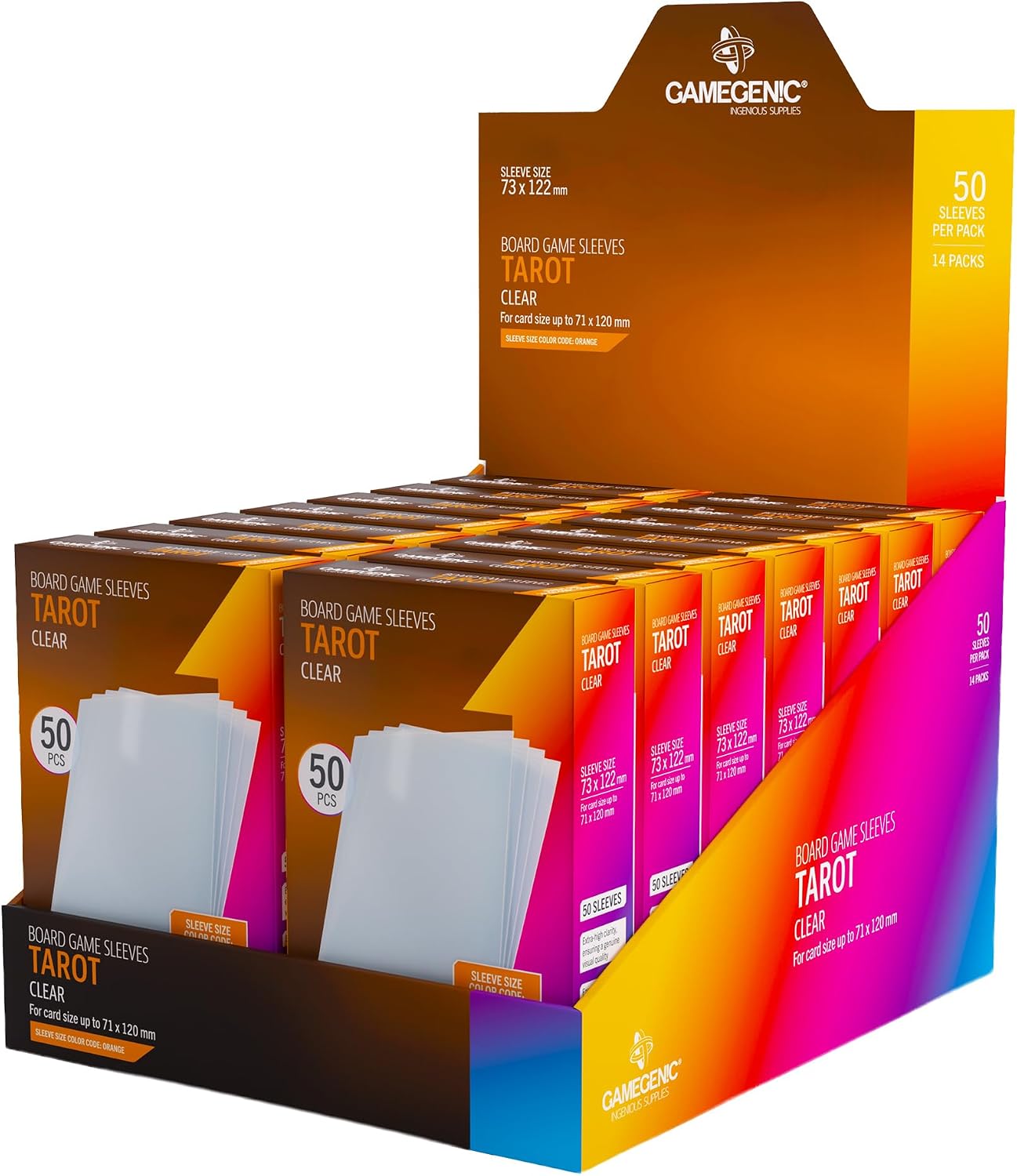 Gamegenic Prime Board Game Sleeves, Pack of 90 Extra-Clear Sleeves, 72 by 122 mm Card Sleeves Optimized for Use with Tarot Cards, Premium Card Protection, FFG Orange Color Code