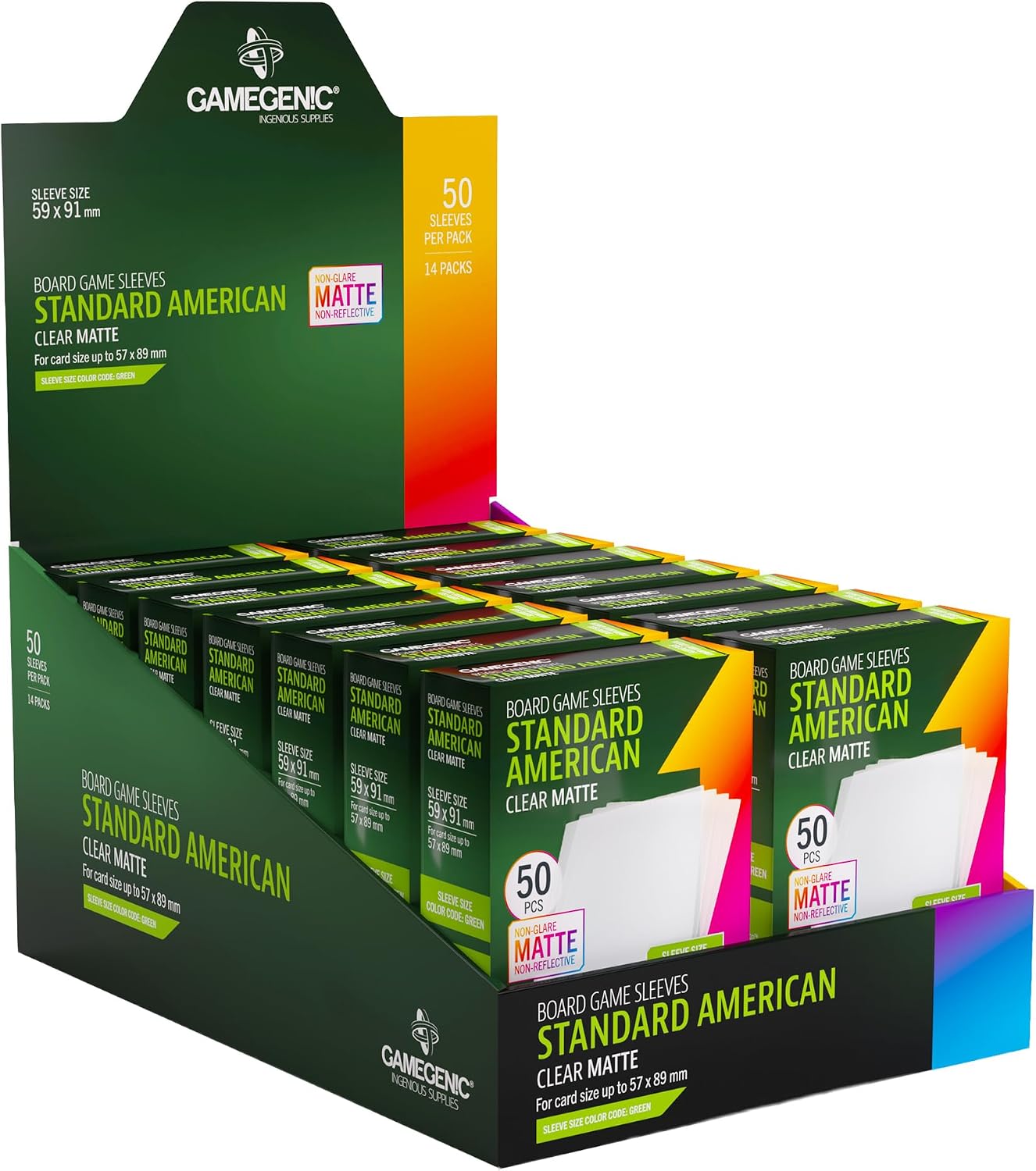 Gamegenic Matte Board Game Sleeves, Pack of 50 Matte Sleeves, 59 by 91 mm Card Sleeves Optimized for Standard American Card Games, Premium Card Protection, FFG Green Color Code