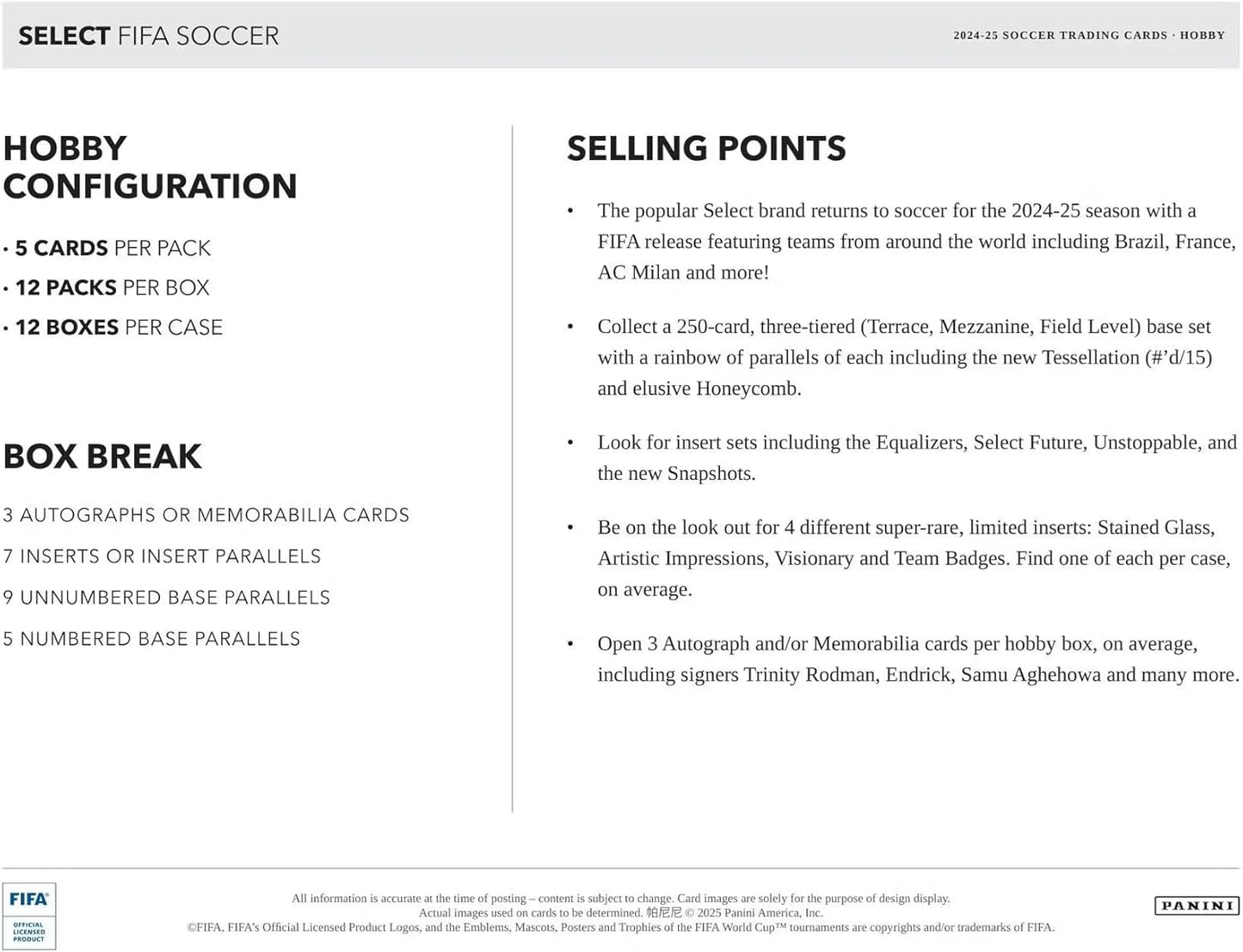 Panini 2024/25 Select FIFA Soccer Hobby Trading Card Box (3 Autographs or Memorabilia Cards Per Hobby Box)