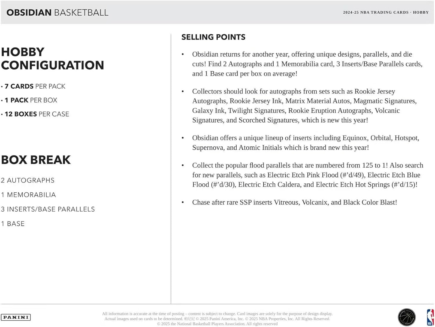 2024-25 Panini Obsidian Basketball Hobby Trading Card Box (2 Autograph Cards Per Box)
