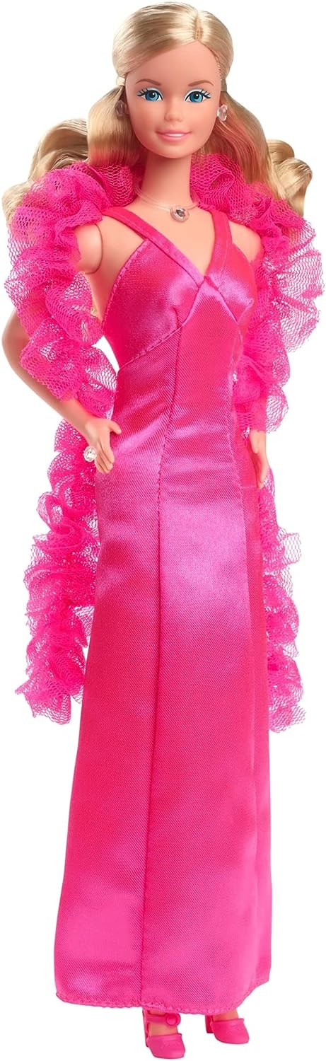 Barbie Signature 1977 Superstar Barbie Classic Doll Reproduction (Blonde) with Twisting Waist & Legs, Pink Dress & Boa, Gift for Collectors