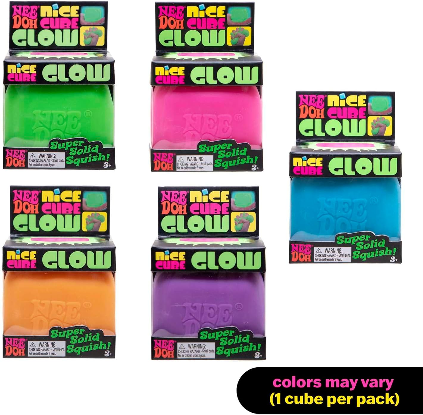 Schylling NeeDoh Nice Cube Glow - Squeeze Toy with a Super Solid Squish - Glows in The Dark - 2.25" Cube - Color May Vary