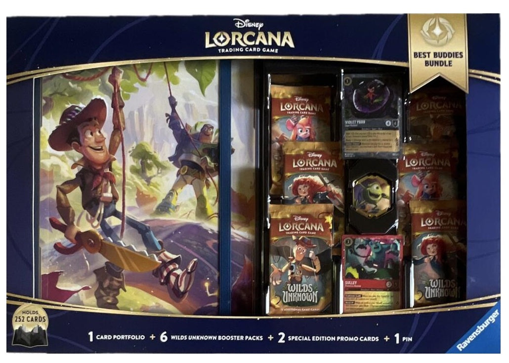 Disney Lorcana TCG: Wilds Unknown Best Buddies Bundle – 6 Booster Packs, Card Portfolio, 2 Foil Promo Cards & Mike Wazowski Pin