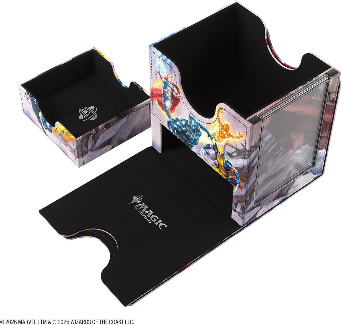 Gamegenic Magic: The Gathering Marvel Super Heroes Sidekick PRO 100+ XL Deck Box – Premium Convertible Commander Deck Storage with Card Display Case & Token Drawer