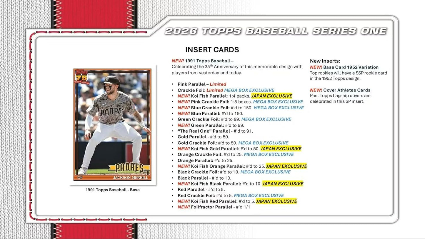 2026 Topps Baseball Series 1 Blaster Box of Packs with Possible Retail Exclusive Holo Foil Parallels and Blaster Exclusive Spring Training Variation Cards