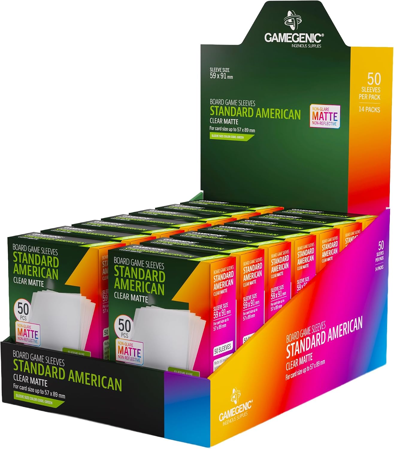 Gamegenic Matte Board Game Sleeves, Pack of 50 Matte Sleeves, 59 by 91 mm Card Sleeves Optimized for Standard American Card Games, Premium Card Protection, FFG Green Color Code