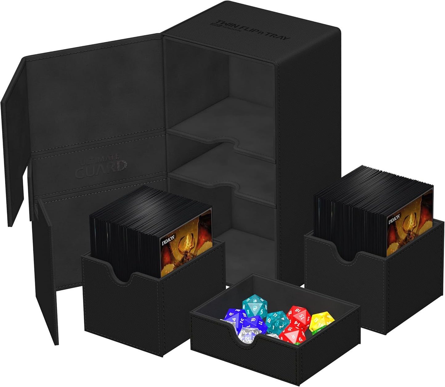 Ultimate Guard Flip 'n' Tray 80+, Deck Case for 80 Double-Sleeved TCG Cards + Dice Tray, Black, Independent Magnetic Closure & Microfiber Inner Lining