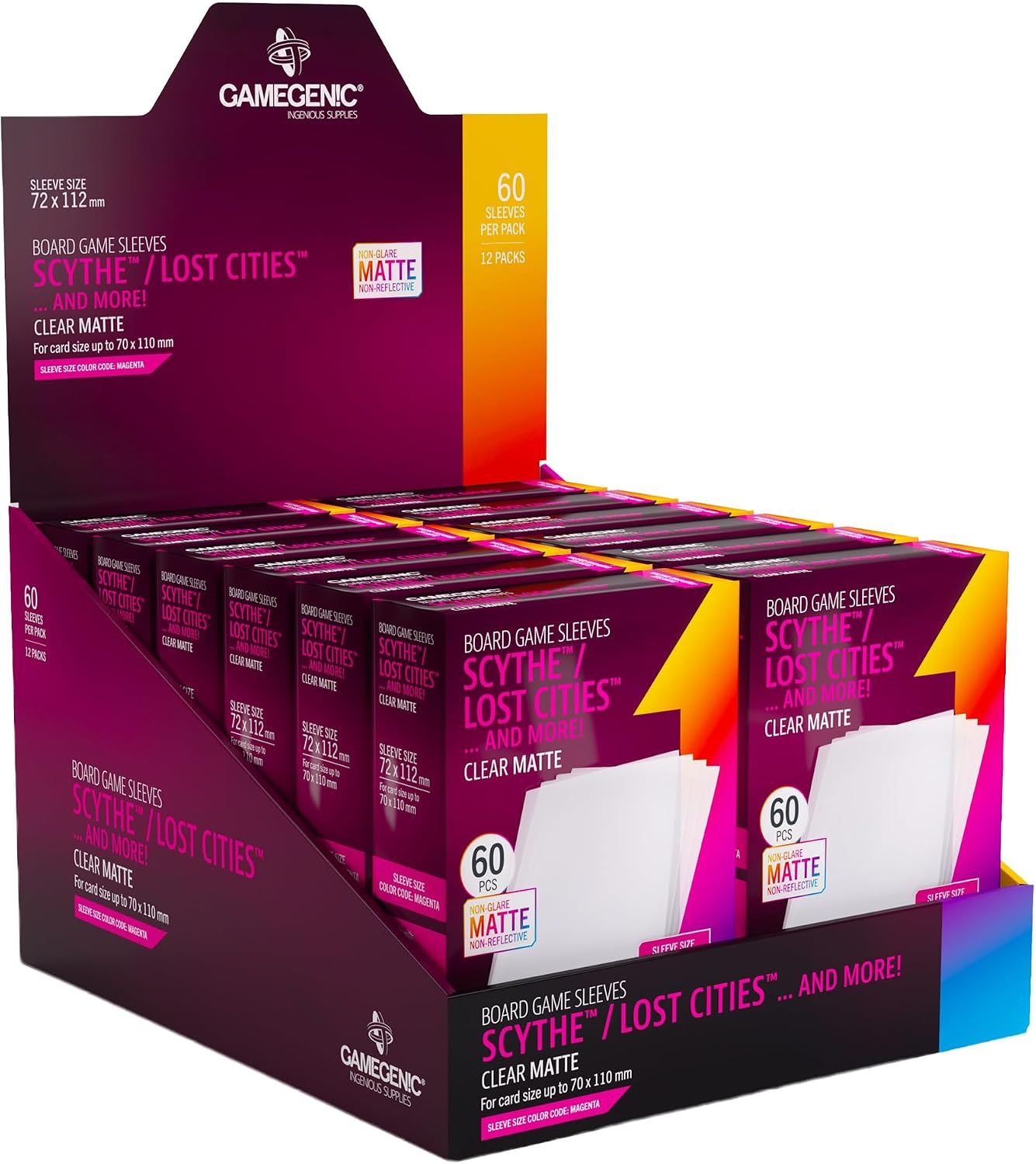 Gamegenic Matte Board Game Sleeves, Pack of 60 Matte Sleeves, 72 by 112 mm Card Sleeves Optimized for Scythe and Lost Cities, Premium Card Protection, FFG Magenta Color Code
