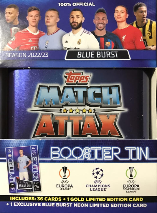 2022 2023 Topps UEFA Champions League Match Attax Soccer Trading Card Game Sealed Mini Collector's Tin with a Bonus Gold Cards and Exclusive Neon Insert (Blue Burst Version)