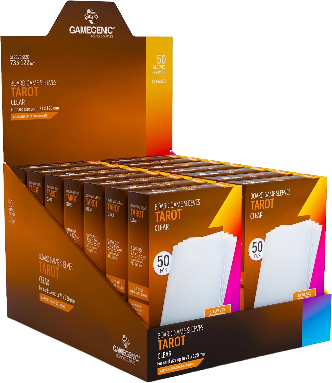 Gamegenic Prime Board Game Sleeves, Pack of 90 Extra-Clear Sleeves, 72 by 122 mm Card Sleeves Optimized for Use with Tarot Cards, Premium Card Protection, FFG Orange Color Code