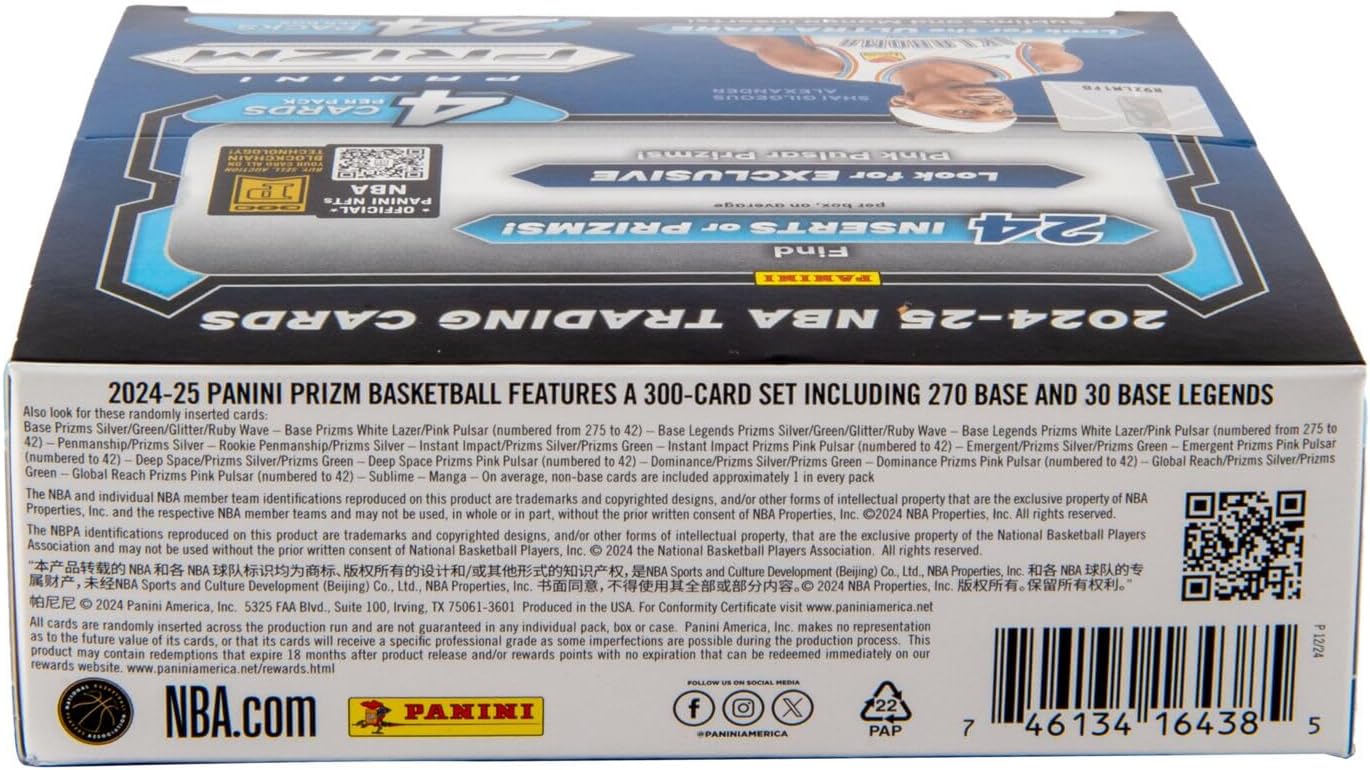 2024-25 Panini PRIZM Basketball Retail Box, 24 Packs per Box, 4 Cards per Pack