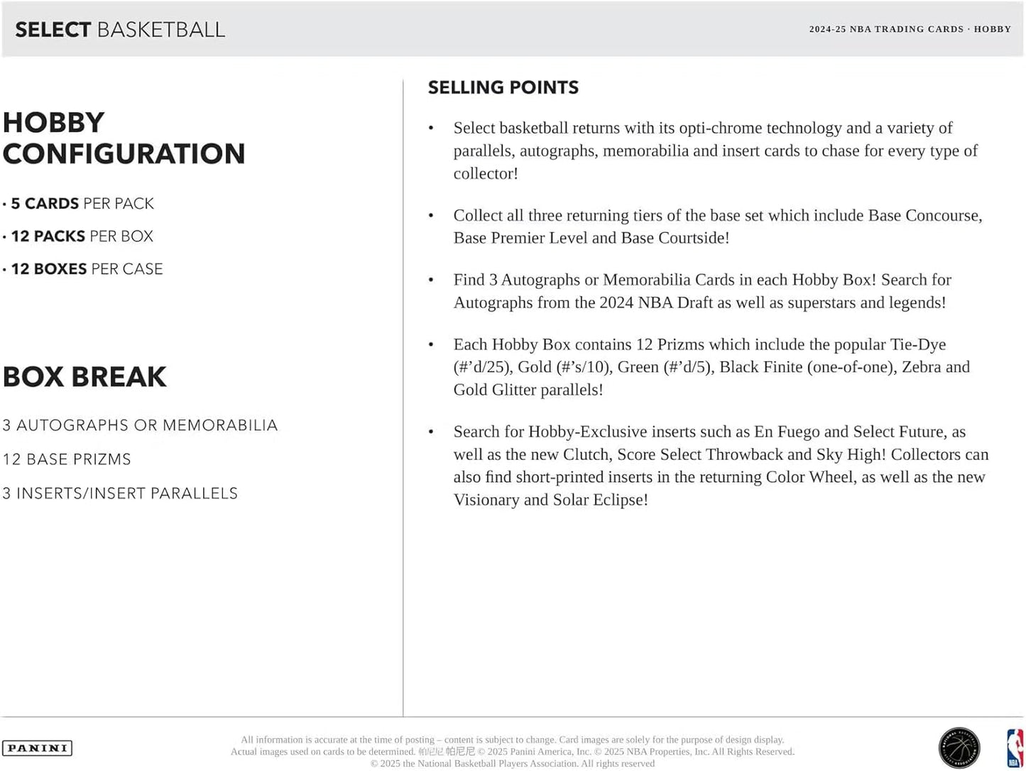 Panini 2024/25 Select Basketball Hobby Trading Card Box (Three Autographs or Memorabilia Cards Per Box)