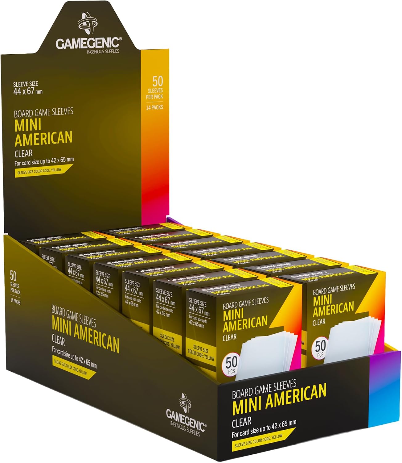 Gamegenic Prime Board Game Sleeves, Pack of 50 Extra-Clear Sleeves, 44 by 67 mm Card Sleeves Optimized for Mini American Card Games, Premium Card Protection, FFG Yellow Color Code