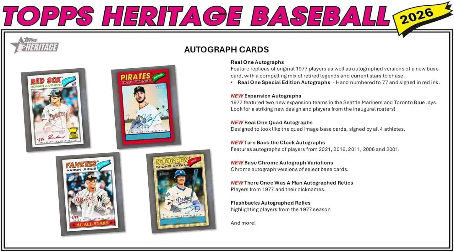 2026 Topps Heritage Baseball Series 64 Card Value Box Featuring Blaster Exclusive Dark Green and Pink Sparkle Parallel Cards Plus a Chance for Relics and Autographs