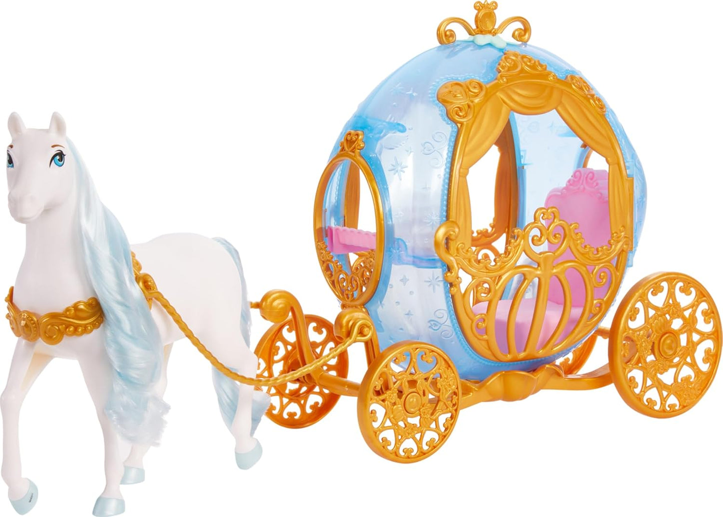 Mattel Disney Princess Cinderella’s Rolling Carriage with Gold Details & White Horse with Brushable Mane & Tail, Inspired by Disney Movie