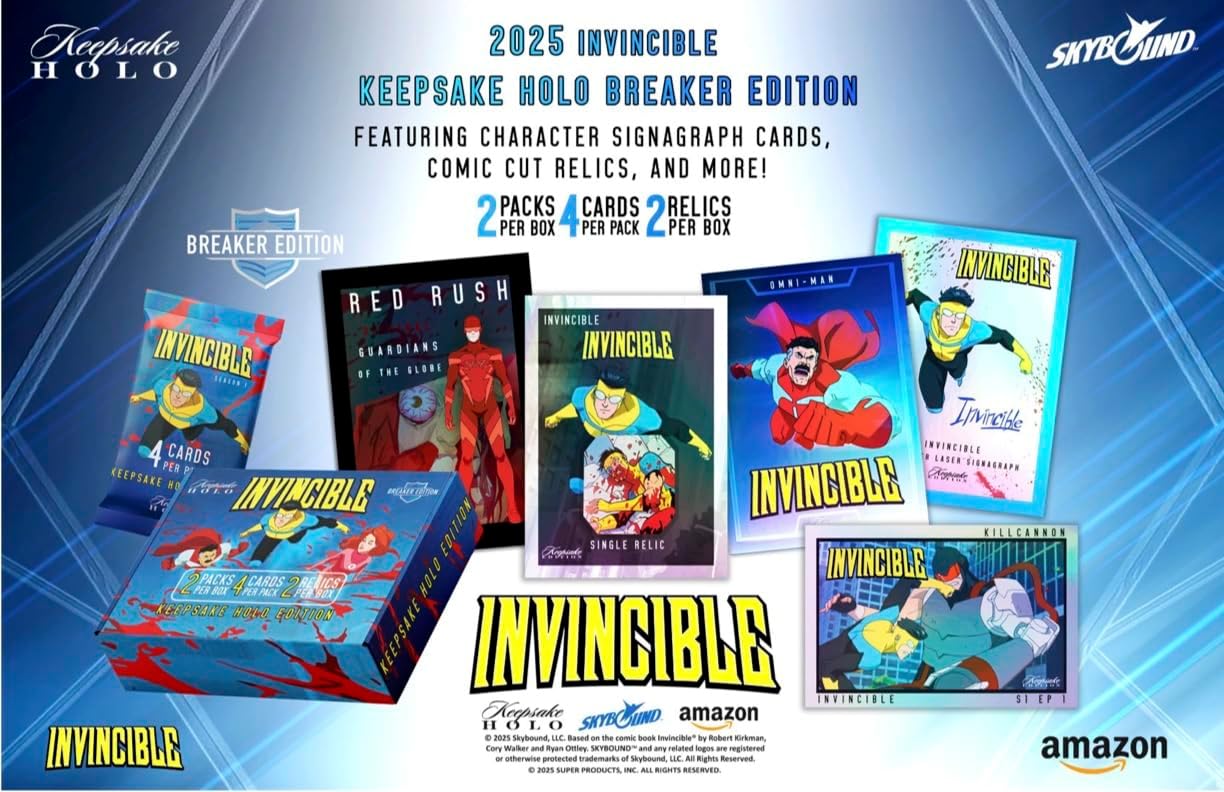 Keepsake 2025 Invincible Season 1 Keepsake Holo Breaker Box, Breakers Edition, 2 Packs Per Box, Holo Mirror Cards, Relics, Case-Based Inserts, 600-Card Checklist