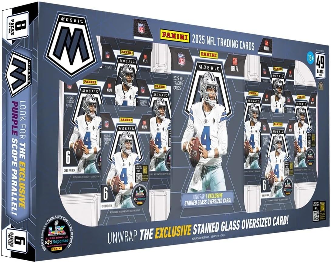 2025 Panini Mosaic Football Flagship Collection Trading Card Box (1 Stained Glass Oversized Card Per Box)