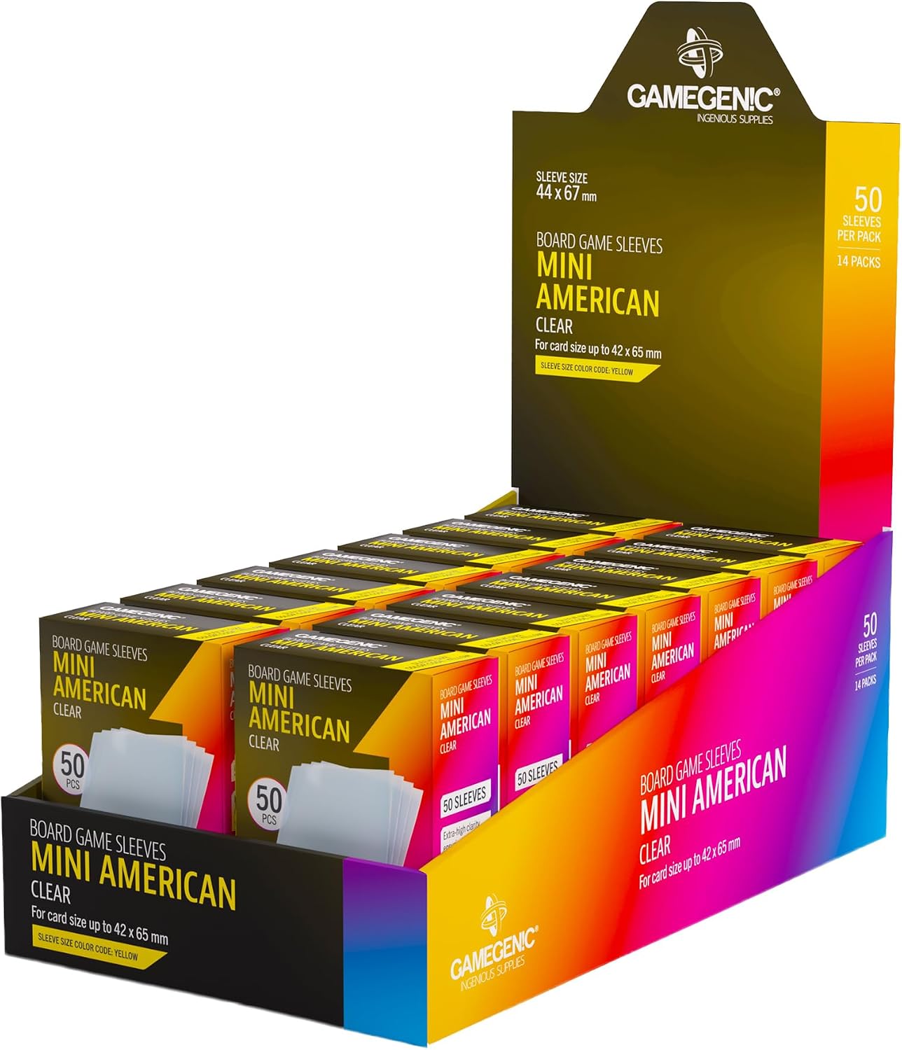 Gamegenic Prime Board Game Sleeves, Pack of 50 Extra-Clear Sleeves, 44 by 67 mm Card Sleeves Optimized for Mini American Card Games, Premium Card Protection, FFG Yellow Color Code
