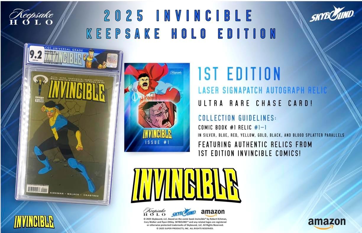 Keepsake 2025 Invincible Season 1 Keepsake Holo Breaker Box, Breakers Edition, 2 Packs Per Box, Holo Mirror Cards, Relics, Case-Based Inserts, 600-Card Checklist