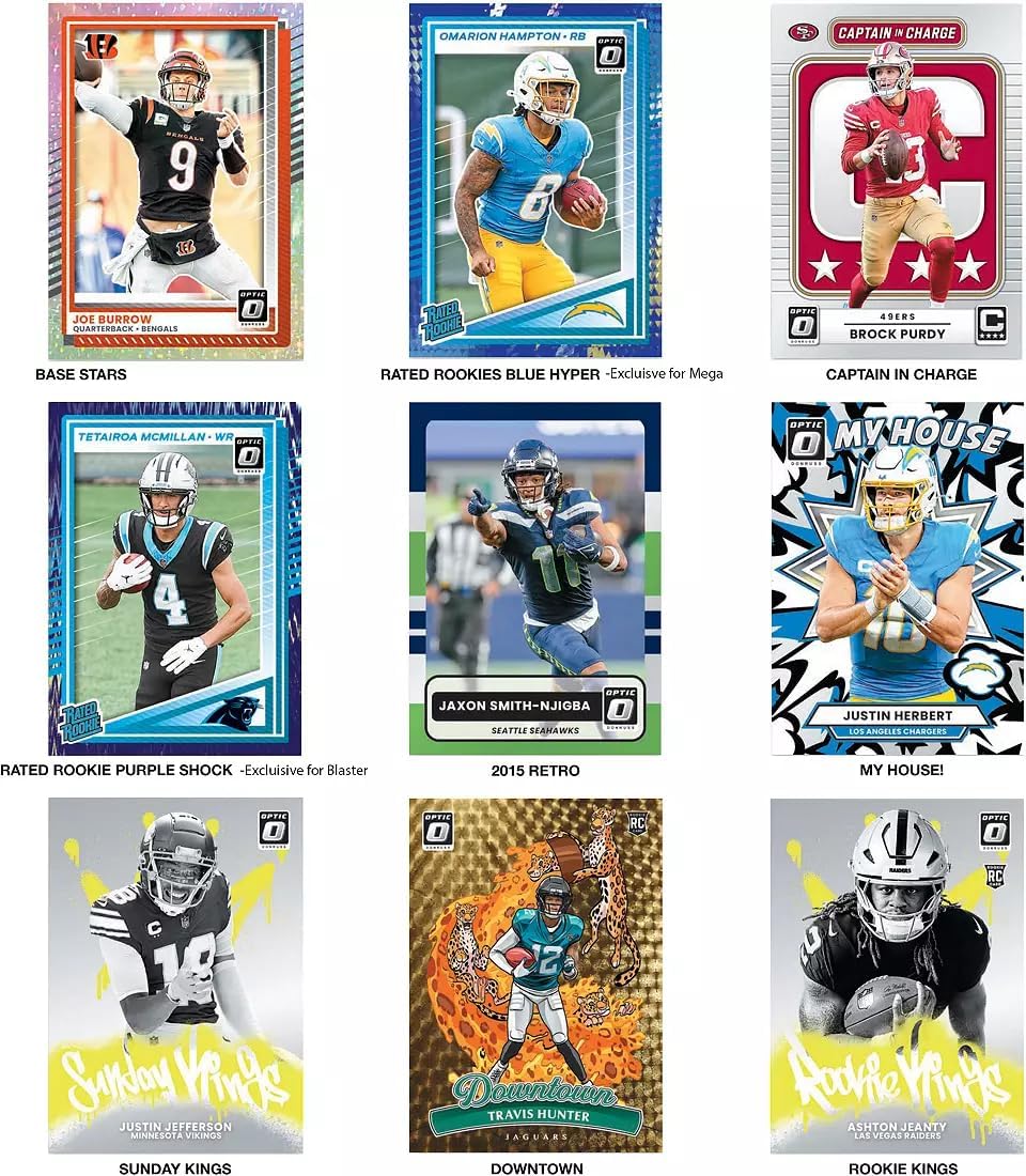 Panini 2025 Donruss Optic Football Trading Card Mega Box [6 Packs, Blue Hyper Parallels]